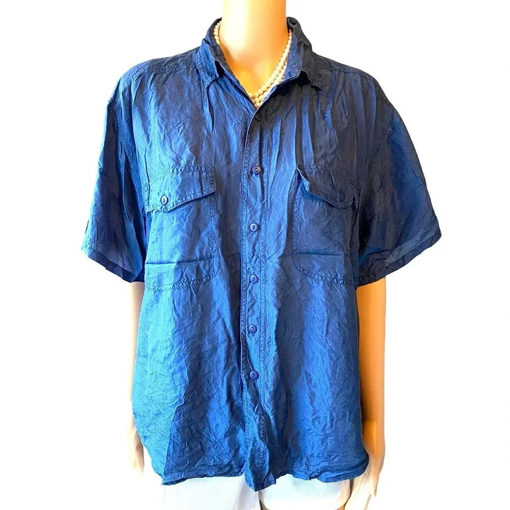 Vintage Grace 100% Washable Silk Navy Blue Button Up Shirt Women Size M Pockets